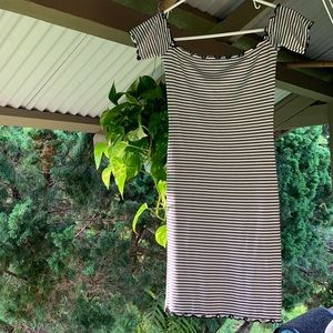 Black & white striped over the shoulder mini dress